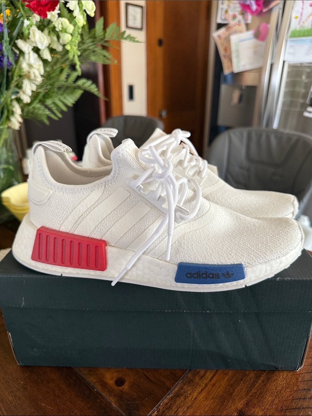adidas NMD R1 Sneakers in White with Red & Blue Accents